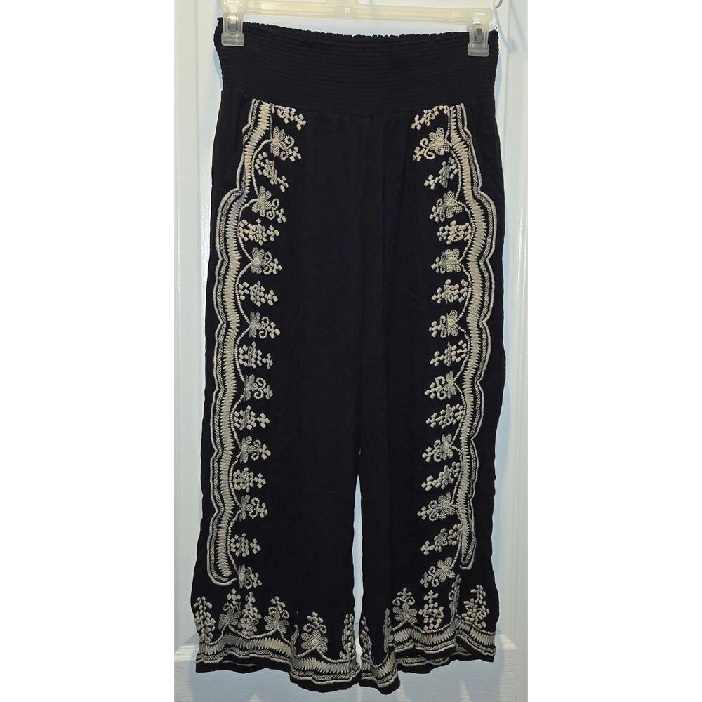 Sundance Catalog Womens Embroidered Pants Size S Navy Pull On Wide Leg Gauzy